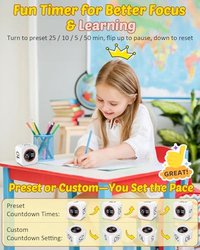 COWVTUJ Digital Pomodoro Timer Cube 5/10/25/50min, Visual Productivity Flip Timer for Kids Classroom Desk, Custom Countdown, Silent and Sound Mode for ADHD Study Work Game Kitchen (White) - Image 2