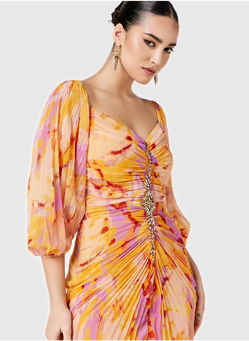 ثريدز باي اجوني Puff-Sleeve Gathered Printed Dress