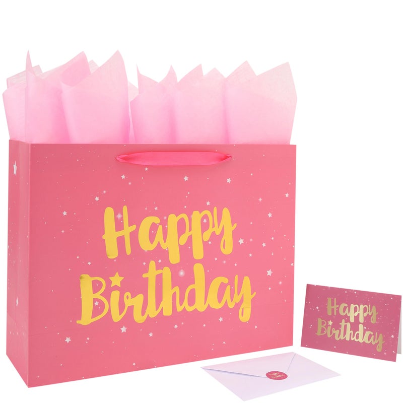 Qirrmiy 16.5â€ Extra Large Pink Happy Birthday Gift Bag Set with Handles, Greeting Card, Tissue Papers and Stickers for Women Girls Kids, Stars Design, 1 Pcs. - Image 1