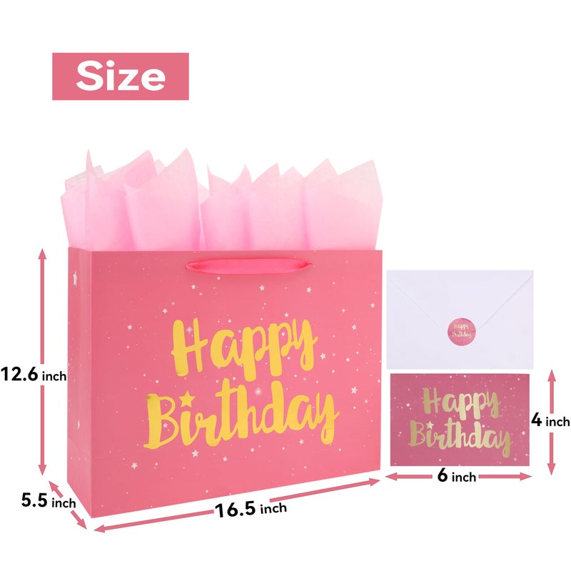 Qirrmiy 16.5â€ Extra Large Pink Happy Birthday Gift Bag Set with Handles, Greeting Card, Tissue Papers and Stickers for Women Girls Kids, Stars Design, 1 Pcs. - Image 2