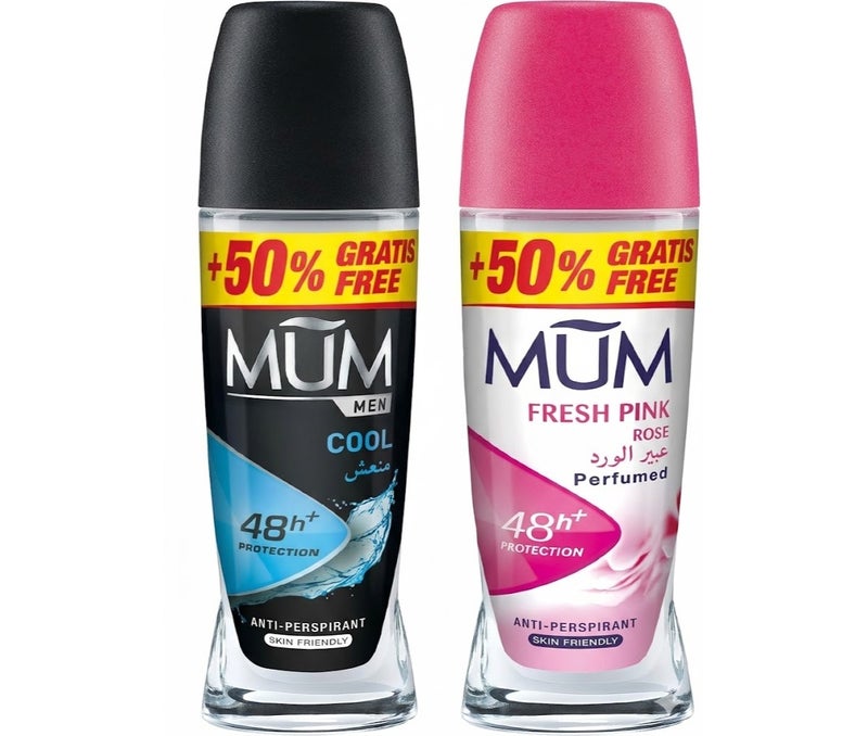 MUM Anti-Perspirant Deodorant Roll-On Bundle (Pack of 2) – Men Cool & Fresh Pink Rose, His and Hers Couple Variety Pack, 48h+ Long Lasting Protection, Skin Friendly Value Size (+50% Free)