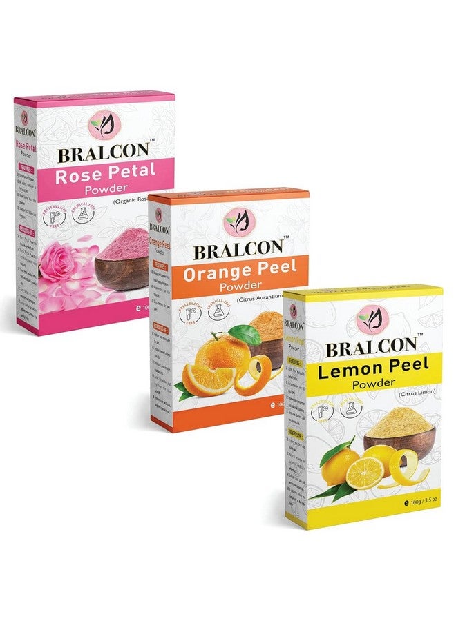 BRALCON Organic Rose Petal, Orange, Lemon Peel Powder Combo- 300g(100g x 3 Pack) |Rose Powder, Lemon Peel Powder, Orange Peel Powder For Tanning & Glowing Skin, Face Masks, Skin Care| Face Pack Powder - Image 1