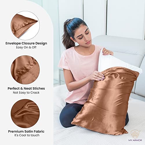 MY ARMOR Satin Pillow Covers for Hair | Anti-Frizz & Anti-Wrinkle Silk Pillow Cover for Hair & Skin | Gentle Cooling Fabric, 20x30 Inches | Zipper Closure | Pack of 2, Golden - Image 5