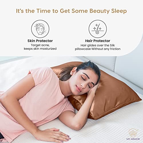 MY ARMOR Satin Pillow Covers for Hair | Anti-Frizz & Anti-Wrinkle Silk Pillow Cover for Hair & Skin | Gentle Cooling Fabric, 20x30 Inches | Zipper Closure | Pack of 2, Golden - Image 4