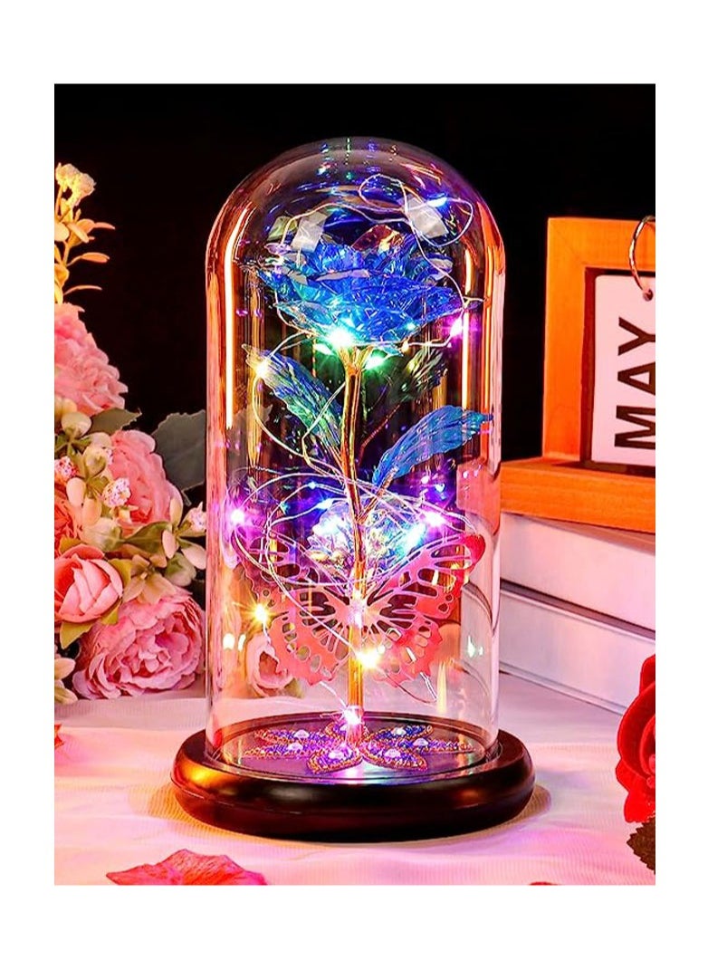 BABAZAM Colorful Galaxy Butterfly Rose Flower Gift with Quality Glass and Colourful LED Battery Operated For Wedding Anniversary Birthday Mothers Day and Any Special Occasions Blue  - Image 2