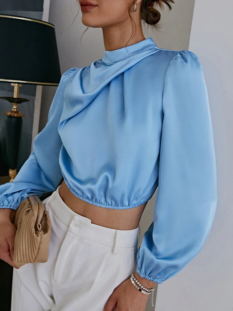 Simplee Blouse Stand Collar Balloon Sleeve Puff Satin Sky Blue Baby Navy Fashion Summer Trendy Modern Chic