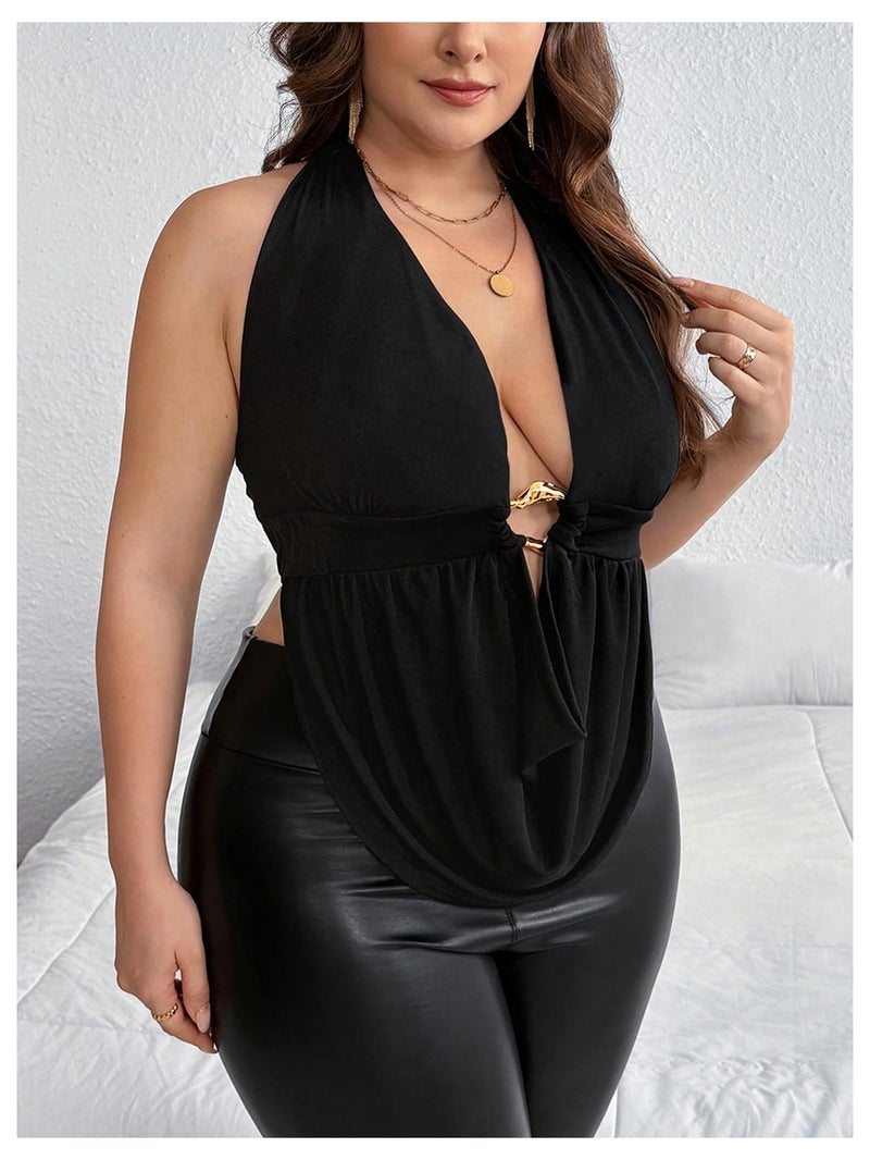 OYOANGLE Women's Plus Size Metal Ring Linked Plunge Neck Halter Crop Top Open Back Ruched Party Tops Black X-Large Plus - Image 3