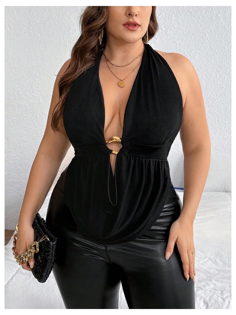 OYOANGLE Women's Plus Size Metal Ring Linked Plunge Neck Halter Crop Top Open Back Ruched Party Tops Black X-Large Plus - Image 4