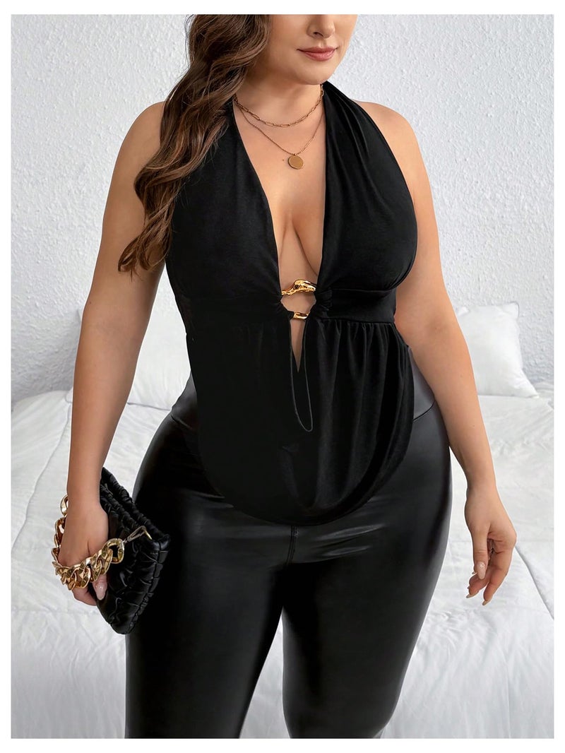 OYOANGLE Women's Plus Size Metal Ring Linked Plunge Neck Halter Crop Top Open Back Ruched Party Tops Black X-Large Plus - Image 5