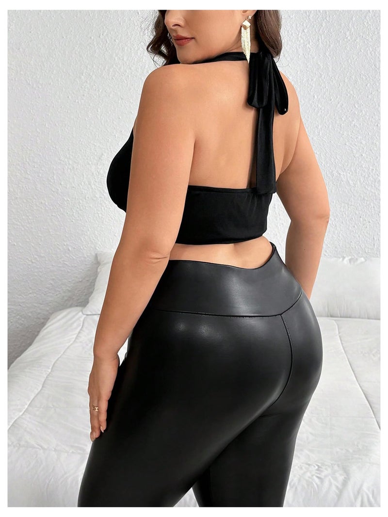 OYOANGLE Women's Plus Size Metal Ring Linked Plunge Neck Halter Crop Top Open Back Ruched Party Tops Black X-Large Plus - Image 2