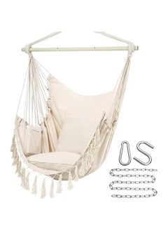 بيوينتي Y- Stop Hammock Chair Hanging Rope Swing, Max 500 Lbs, 2 Cushions Included, Large Macrame Hanging Chair with Pocket for Superior Comfort, with Hardware Kit (Beige)  - Image 1