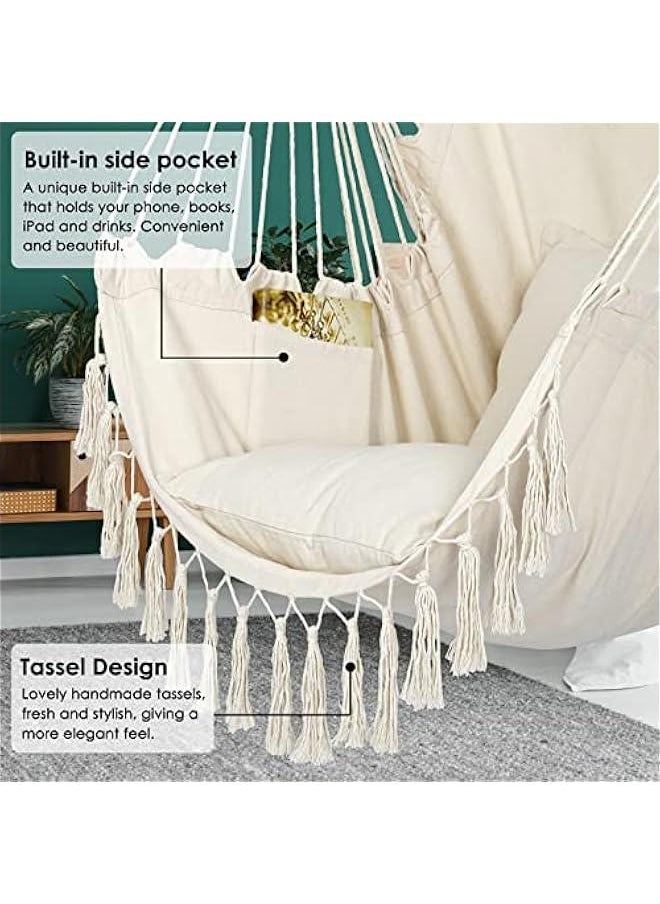 Beauenty Y- Stop Hammock Chair Hanging Rope Swing, Max 500 Lbs, 2 Cushions Included, Large Macrame Hanging Chair with Pocket for Superior Comfort, with Hardware Kit (Beige)  - Image 2