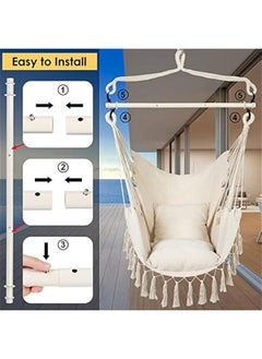 بيوينتي Y- Stop Hammock Chair Hanging Rope Swing, Max 500 Lbs, 2 Cushions Included, Large Macrame Hanging Chair with Pocket for Superior Comfort, with Hardware Kit (Beige)  - Image 5