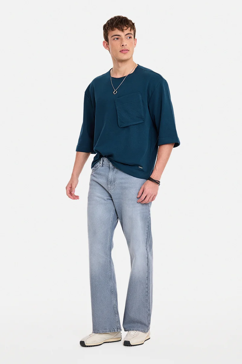 SNITCH Navy Blue Solid Elbow Length Sleeve Oversized T-Shirt