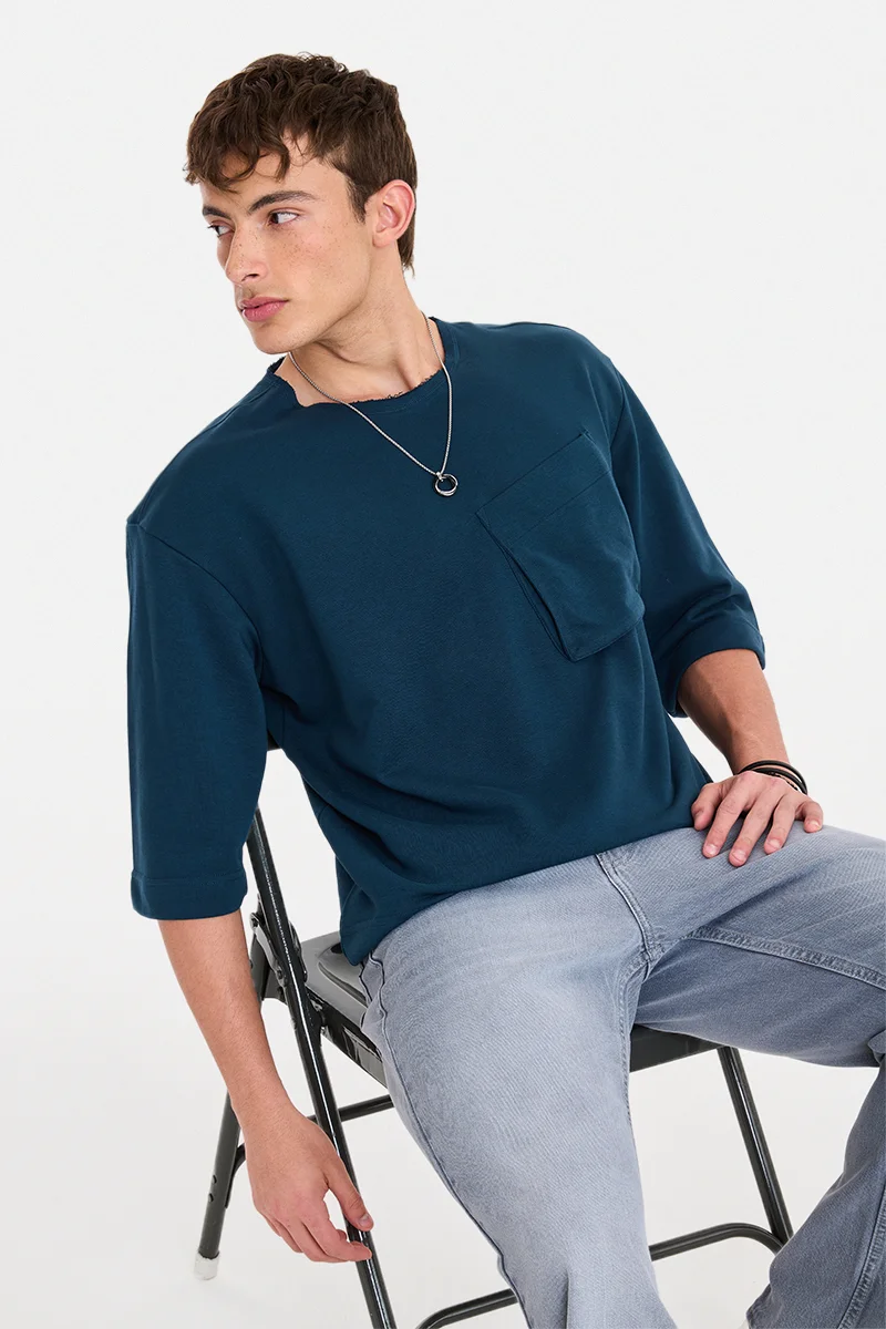 SNITCH Navy Blue Solid Elbow Length Sleeve Oversized T-Shirt
