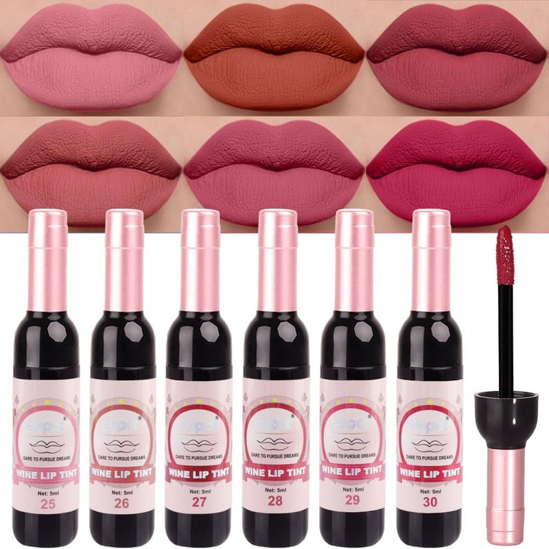 evpct Wine Lip Tint Stain 6 Colors Set Long Lasting Waterproof, Warm pink neutral Nude brown Deep cranberry Mauve pink Berry pink Wine Bottles Lip Tint Stain Korean Peel off Liquid Lipstick Set 05