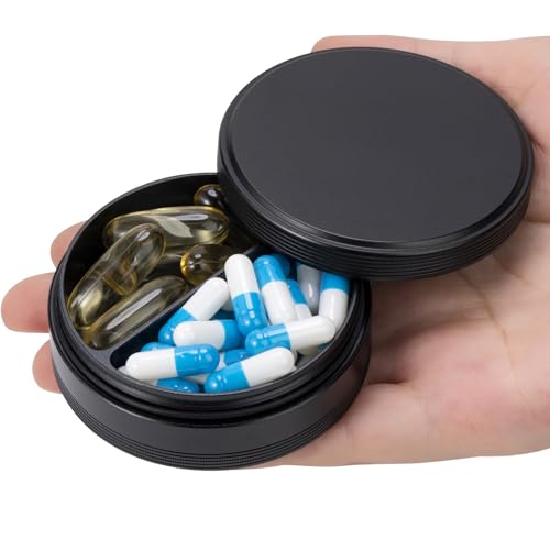 SOBAHIDO Pill Box 2 Compartment Pill Case - Portable Metal Travel Pill Container for Pocket or Purse, Waterproof Pill Organizer Holder for Medicine Vitamin Fish Oil and Supplements - Image 1