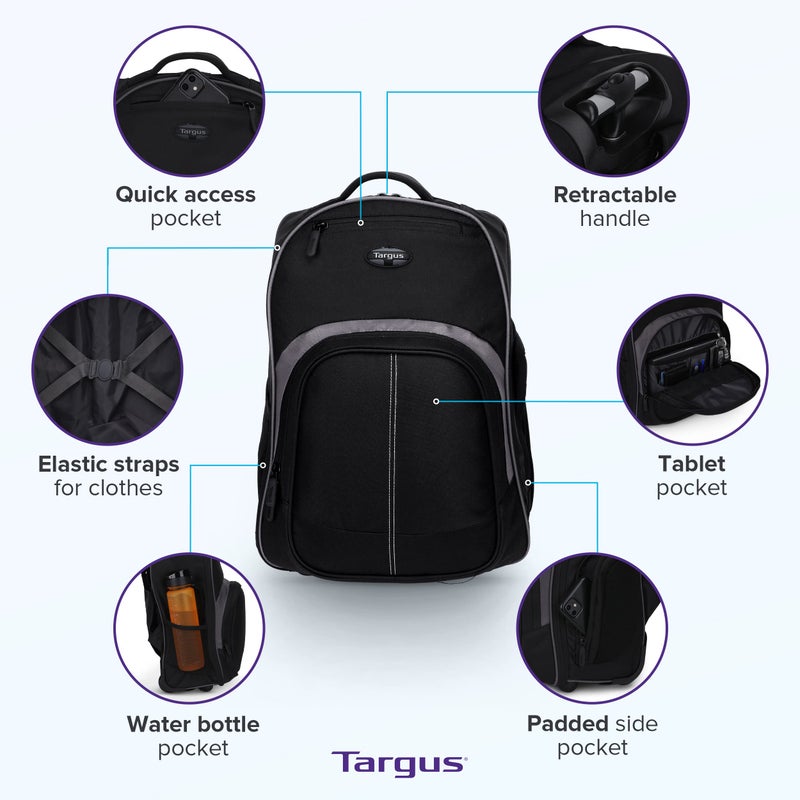 Targus 16 Inch Compact Rolling Backpack, Black - Wheeled Travel Bag with Removable Protective Laptop Sleeve, Fits Laptops Up to 16â€ and MacBook Pros up to 17â€ (TSB750US) - Image 3