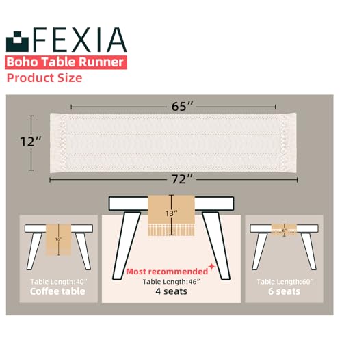 Fexia Table Runner with Tassels Boho Macrame 72 Inches Long Cream Rustic Table Runner for Home Farmhouse Bohemian Dining Bedroom Decor Baby Bridal Shower(12x72 Inches) - Image 2