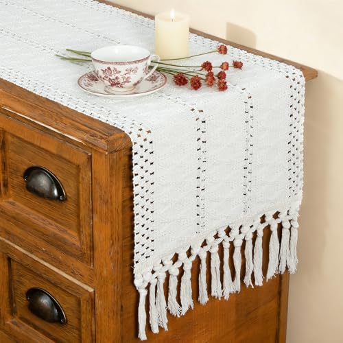Fexia Table Runner with Tassels Boho Macrame 72 Inches Long Cream Rustic Table Runner for Home Farmhouse Bohemian Dining Bedroom Decor Baby Bridal Shower(12x72 Inches) - Image 1