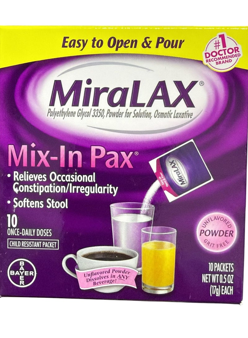 MiraLAX® - Mix-In Pax يلين البراز مع PEG 3350، 10 جرعات × 17 جرام - Image 1