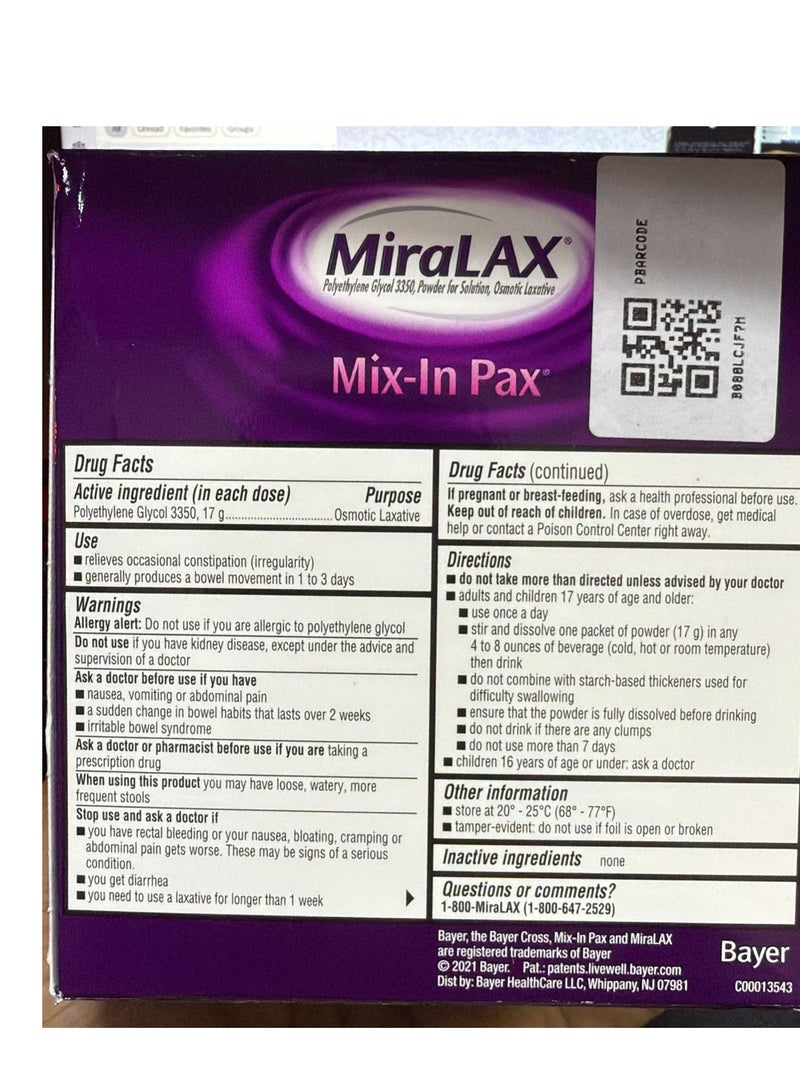 MiraLAX® - Mix-In Pax يلين البراز مع PEG 3350، 10 جرعات × 17 جرام - Image 4