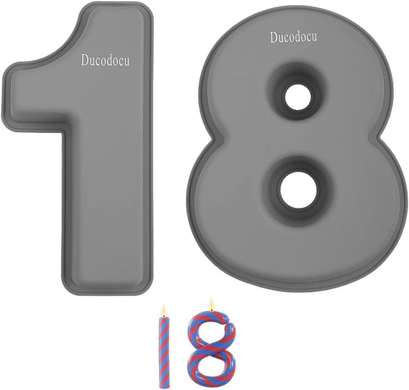 Ducodocu Silicone Number Cake Pan Large 3D Number Cake Mold Baking Forms Novel Cake Tins DIY Baking Mold for 2/20th Birthday Wedding Anniversary 10 inch Number of 1&8, 2 Pack - Image 1