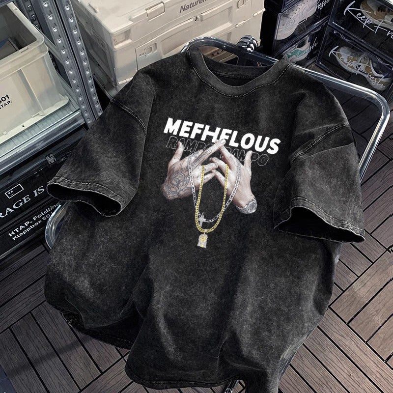 Hip-hop Style Washed Distressed Heavy-weight Short-sleeved T-shirt Men's and Women's Summer oversize Retro Fashion Brand Loose Lazy Sense - Image 5