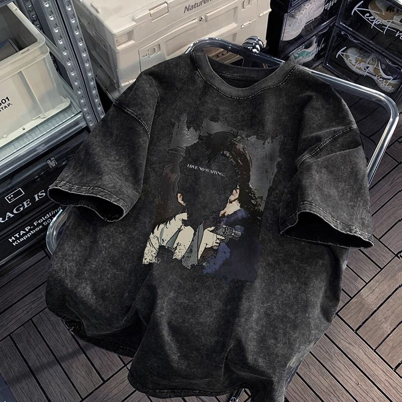 Hip-hop Style Washed Distressed Heavy-weight Short-sleeved T-shirt Men's and Women's Summer oversize Retro Fashion Brand Loose Lazy Sense - Image 2