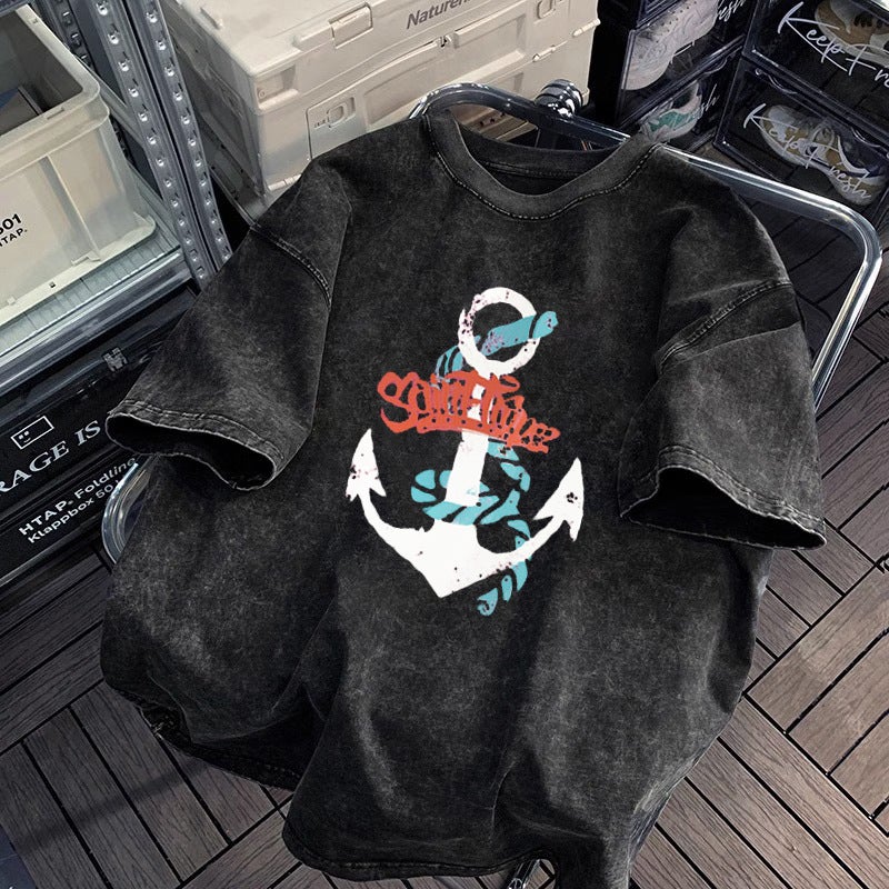 Hip-hop Style Washed Distressed Heavy-weight Short-sleeved T-shirt Men's and Women's Summer oversize Retro Fashion Brand Loose Lazy Sense - Image 1