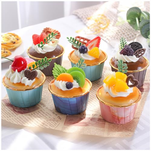 Sivlnian 6 Pack Fake Cupcakes Realistic Artificial Simulation Cake Mixed Fake Cake Model Kitchen Decoration Photography Props for Home Kitchen Party Decoration - Image 1
