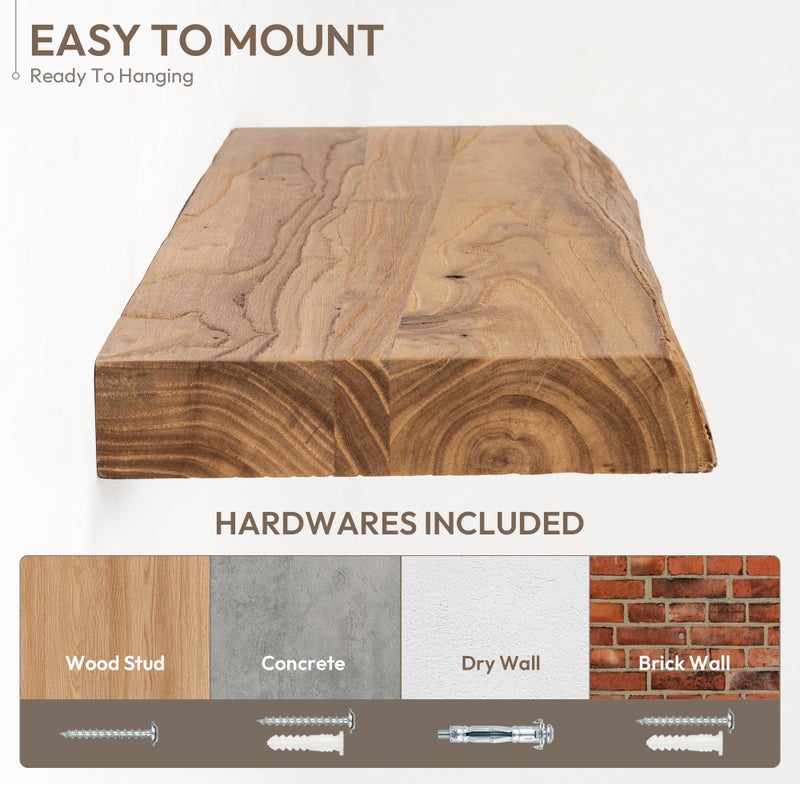 Marsmiles 36 inch Floating Shelves for Wall Elm Wood Live Edge Shelves|Rustic Wall Shelves with Invisible Heavy-Duty Bracket for Bathroom Living Room Kitchen|Natural, 2 Pack - Image 5