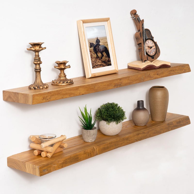 Marsmiles 36 inch Floating Shelves for Wall Elm Wood Live Edge Shelves|Rustic Wall Shelves with Invisible Heavy-Duty Bracket for Bathroom Living Room Kitchen|Natural, 2 Pack - Image 1