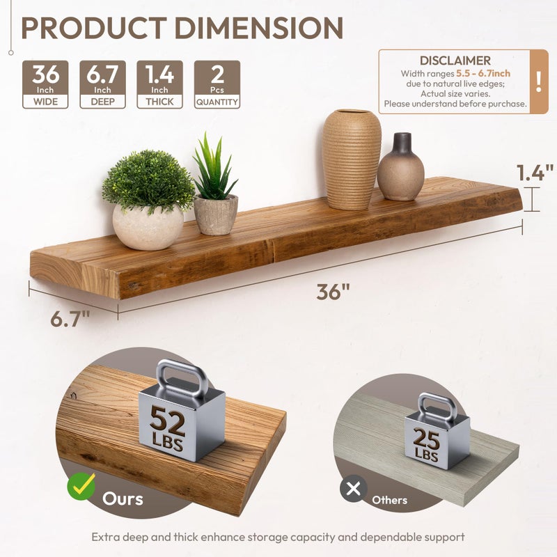 Marsmiles 36 inch Floating Shelves for Wall Elm Wood Live Edge Shelves|Rustic Wall Shelves with Invisible Heavy-Duty Bracket for Bathroom Living Room Kitchen|Natural, 2 Pack - Image 2
