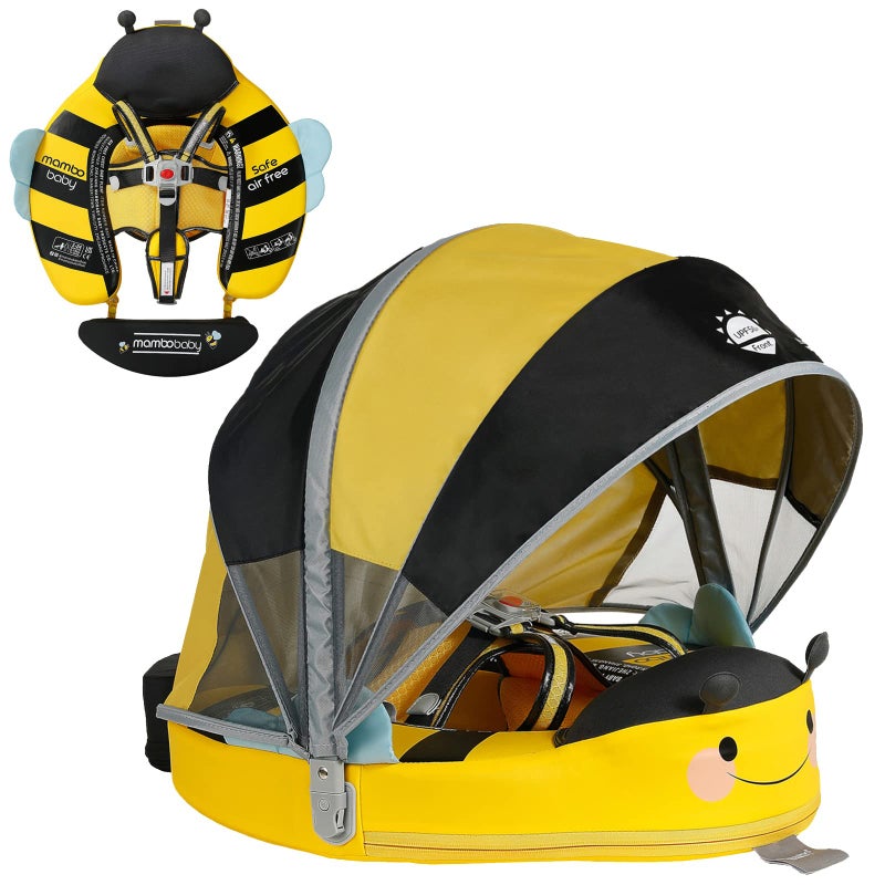AnjeeIOT Mambobaby Float with Canopy Non-Inflatable Baby Pool Float Infant Solid Swim Float Add Tail Water Floats Smart Swim Trainer for Infant Toddler 3-24 Months, Honey Bee Yellow - Image 1