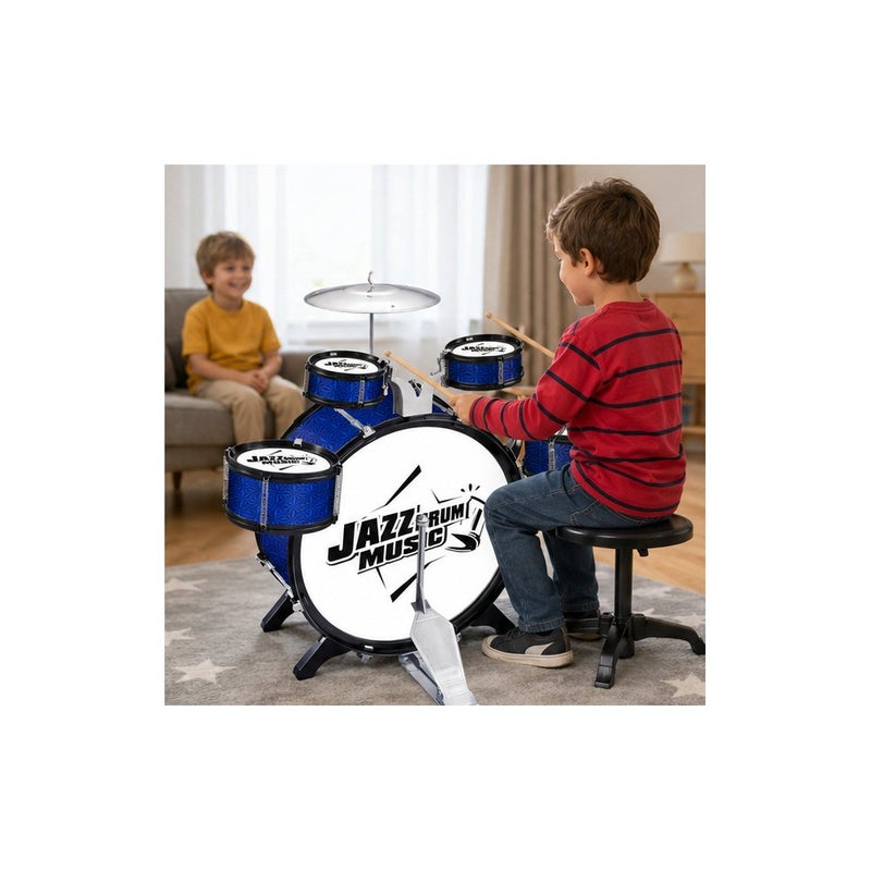 Kids Jazz Drum Set Toy with Stool and Drumsticks, Blue - Image 4