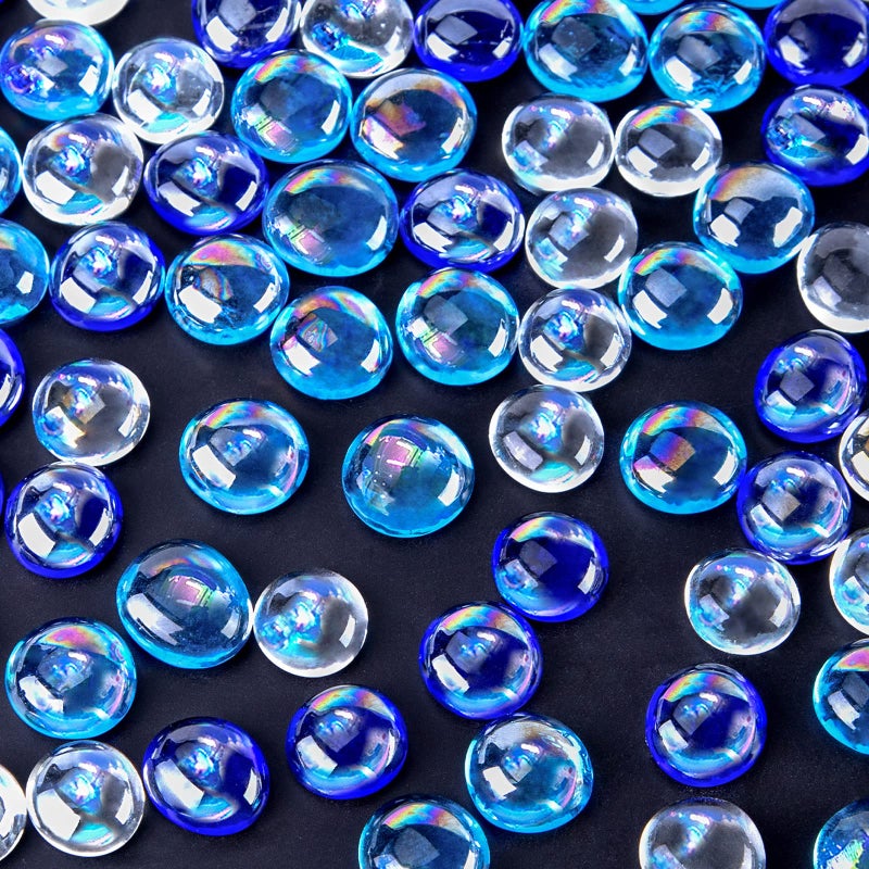 DomeStar 65PCS Iridescent Blue Flat Marbles Decorative Glass Pebbles Beads Vase Fillers Decorative Fish Tank Aquarium Rocks for Centerpieces Table Decor