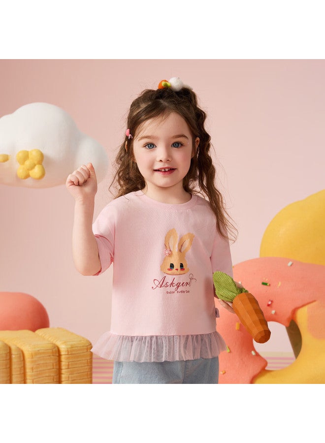 Ask Junior Children's Short-sleeve Cooling Summer Top, Little Girls' Patchwork Mesh Sweet Cute Half-sleeve Ice Silk Shirt, Pink, Size 100