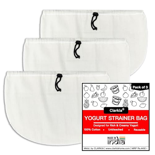 Clarkia Pack of 3 Cotton Yogurt Strainer Cheese Cloth Bag | Hung Curd, Nut Milk, Rice, Almond, Oat Milk, Sprouts, Brew Coffee, Juice - Made of Muslin Cloth - Image 1