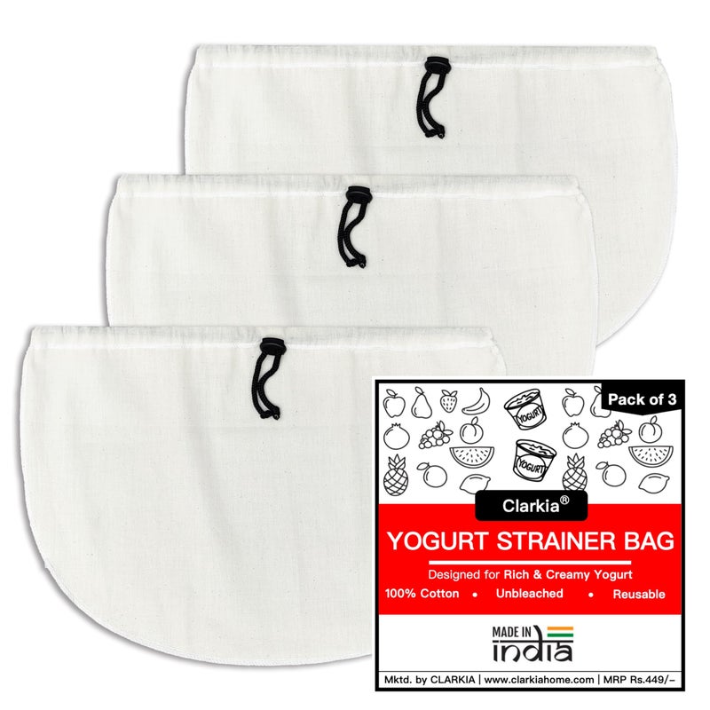 Clarkia Pack of 3 Cotton Yogurt Strainer Cheese Cloth Bag | Hung Curd, Nut Milk, Rice, Almond, Oat Milk, Sprouts, Brew Coffee, Juice - Made of Muslin Cloth - Image 5