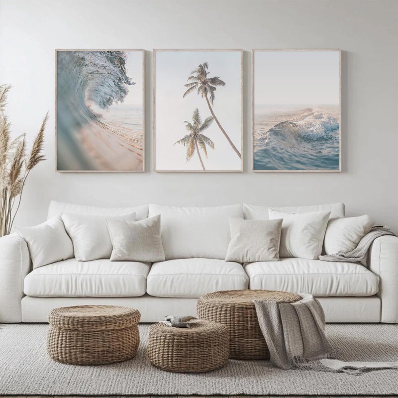 Joocrise Beach Wall Art Pictures Coastal Canvas Wall Decor Ocean Waves Poster Blue Beach Scene Artwork Palm Tree Art Coastal Landscape Prints for Living Room Bedroom 12x16 Inch Unframed Set of 3 - Image 4