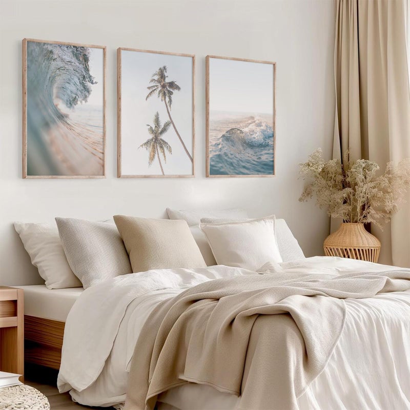 Joocrise Beach Wall Art Pictures Coastal Canvas Wall Decor Ocean Waves Poster Blue Beach Scene Artwork Palm Tree Art Coastal Landscape Prints for Living Room Bedroom 12x16 Inch Unframed Set of 3 - Image 5