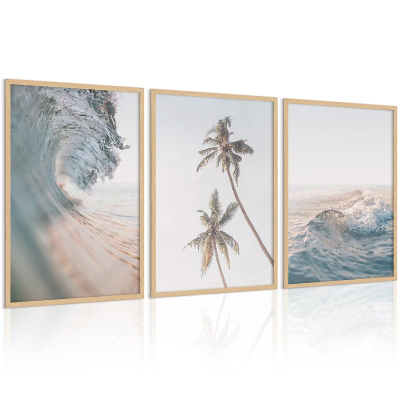 Joocrise Beach Wall Art Pictures Coastal Canvas Wall Decor Ocean Waves Poster Blue Beach Scene Artwork Palm Tree Art Coastal Landscape Prints for Living Room Bedroom 12x16 Inch Unframed Set of 3 - Image 1