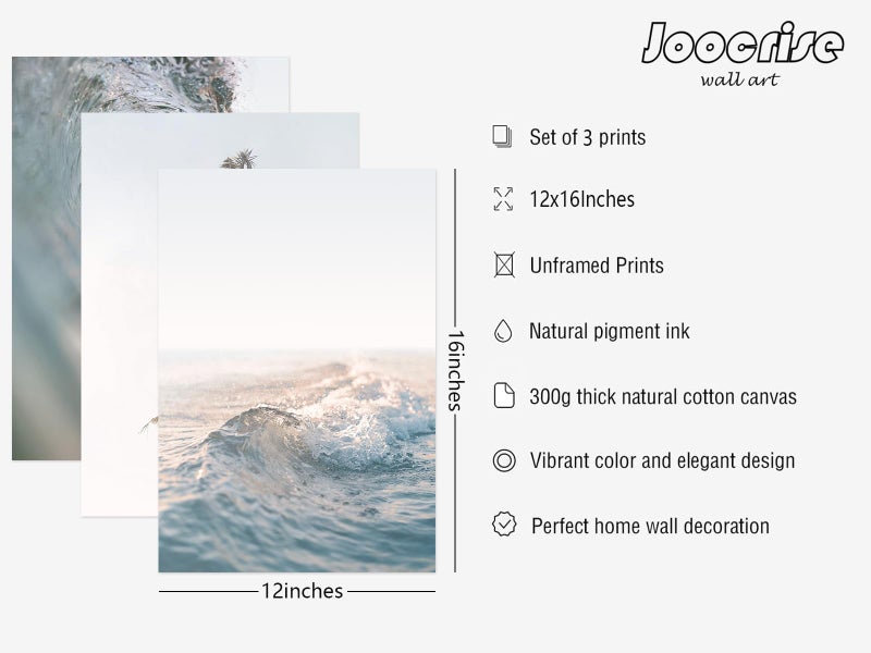 Joocrise Beach Wall Art Pictures Coastal Canvas Wall Decor Ocean Waves Poster Blue Beach Scene Artwork Palm Tree Art Coastal Landscape Prints for Living Room Bedroom 12x16 Inch Unframed Set of 3 - Image 2