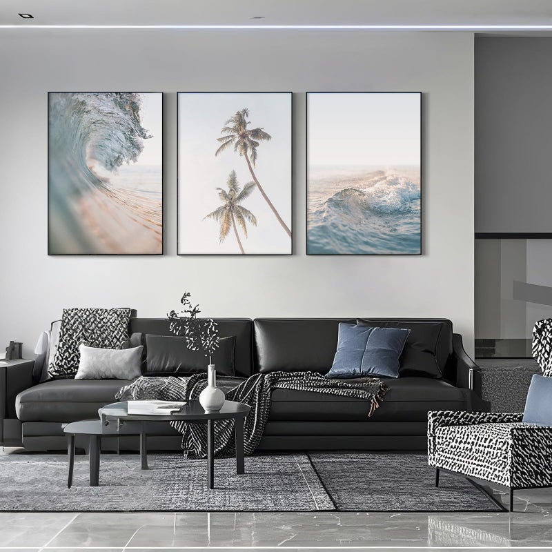 Joocrise Beach Wall Art Pictures Coastal Canvas Wall Decor Ocean Waves Poster Blue Beach Scene Artwork Palm Tree Art Coastal Landscape Prints for Living Room Bedroom 12x16 Inch Unframed Set of 3 - Image 3