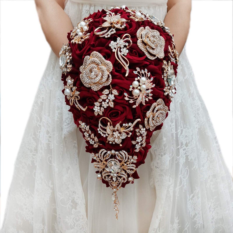 IFFO YIFUwedding Bride Water Drop Wine red Bouquet Navy Blue Wedding Bouquet Luxury Jewelry Proposal Bridesmaid Bouquet Groom Corsage Bride Wrist Flower Wedding Decoration Wine red Ball Bouquet