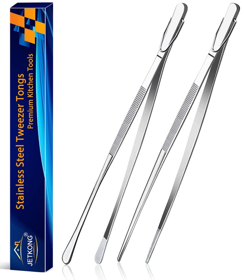 JETKONG 2 Pcs 12Inch Kitchen Tweezers Fine Tweezer Tongs ExtraLong Stainless Steel Cooking Tweezers Silver
