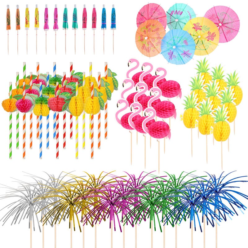 Mooshy 120PCS Reusable Cocktail Accessories for Drinks Cocktail Party Decorations with Paper Cocktail Umbrellas Cocktail TreeCocktail Sticks Cocktail Fruit Label and Reusable Straws