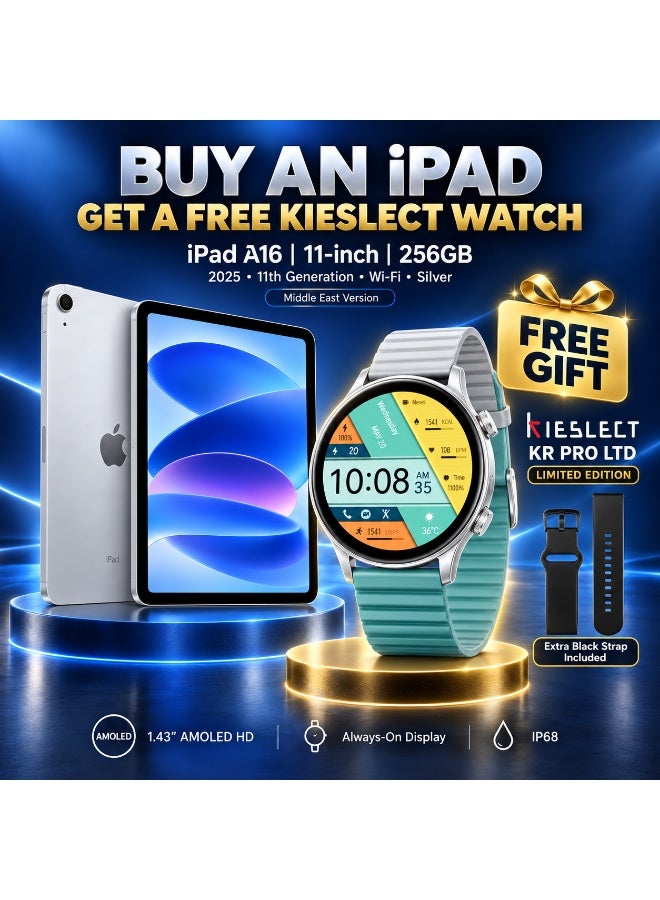 Apple iPad 2025 (11th Generation) A16 11-inch Wi-Fi 256GB Silver - Middle East Version & KR Pro LTD Smartwatch 1.43" AMOLED HD Display, AOD, IP68 Waterproof, Heart Rate Alerts, Android & iOS Compatible Bundle - Image 1