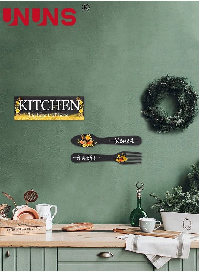 UNUNS - Set Of 3 Pieces Eat Sign Wall Decor,Kitchen Wooden Wall Pendant,Fork And Spoon Wall Decor,Country Wall Art For Dining Room - Image 1
